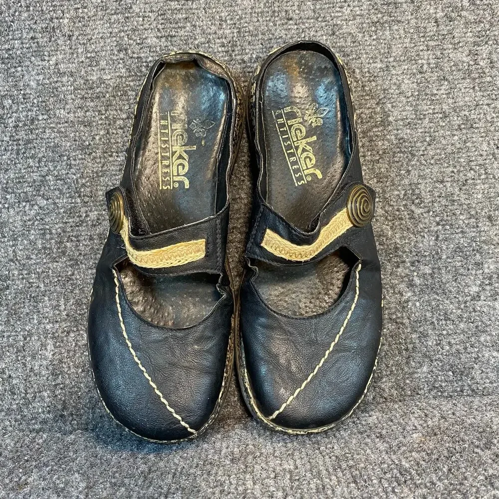 Rieker 46391 Black Leather Slip On Comfort Clogs Adjustable Strap Womens 7.5